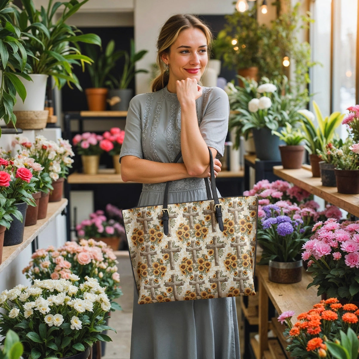 Shineful Leather Tote Bag Rustic Sunflower Cross