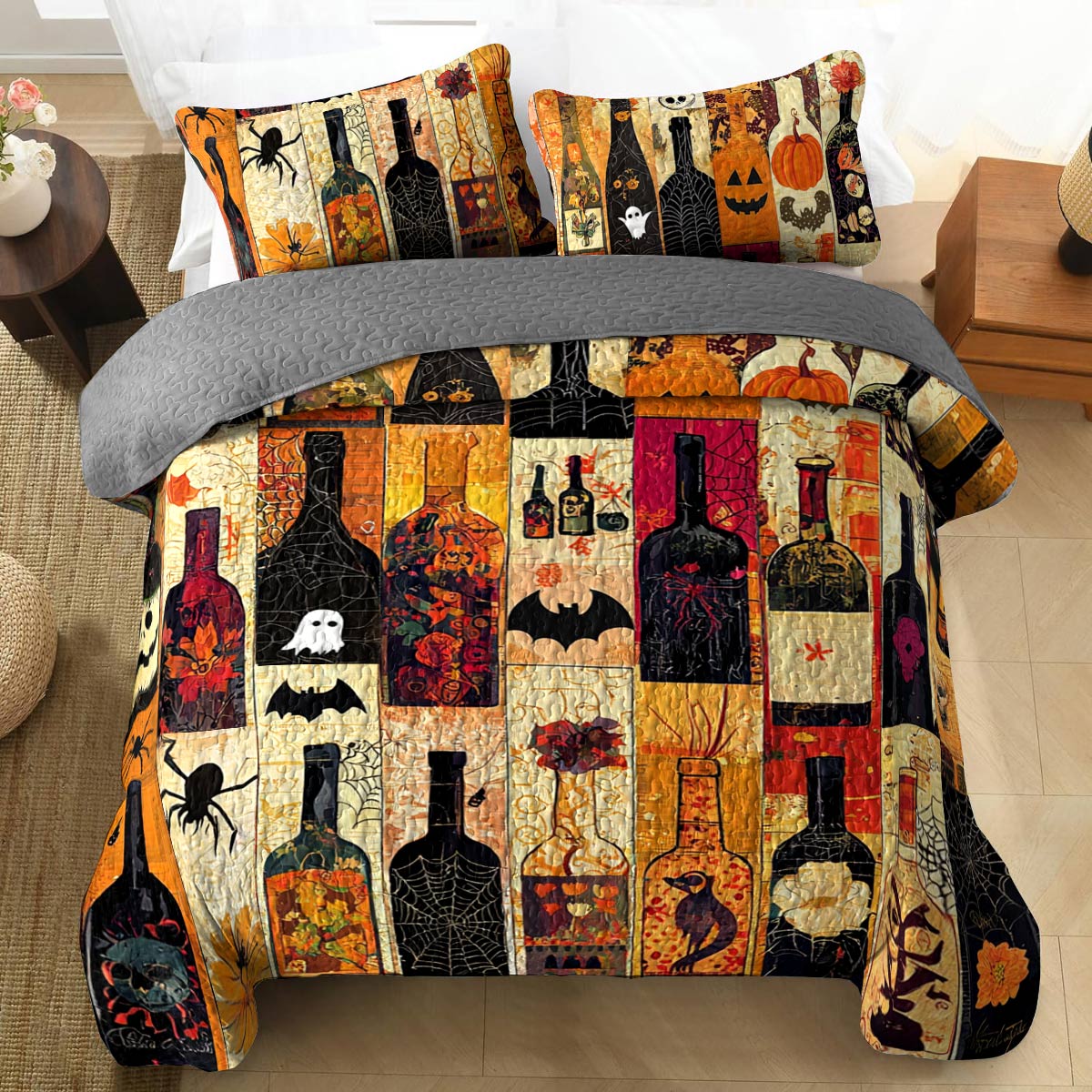 Shineful All Season Quilt 3-Piece Set Halloween Dazzling Wine Bottles