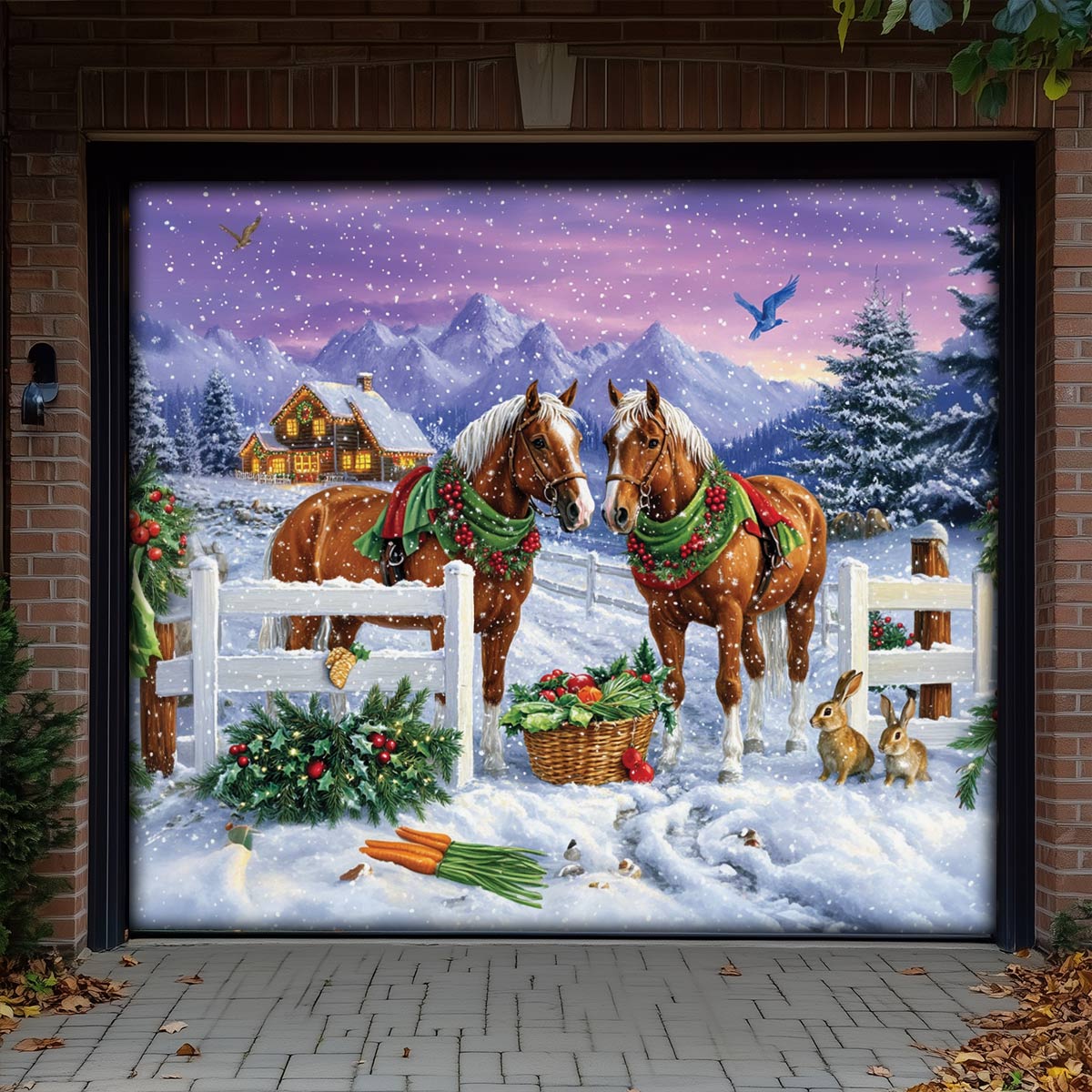 Shineful Garage Door Banner Decoration Festive Horses in Winter Wonderland