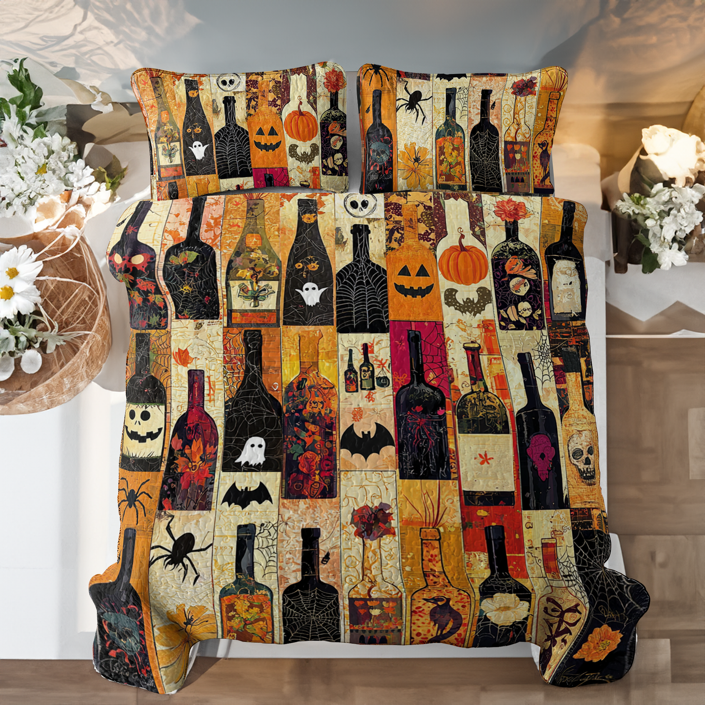 Shineful All Season Quilt 3-Piece Set Halloween Dazzling Wine Bottles