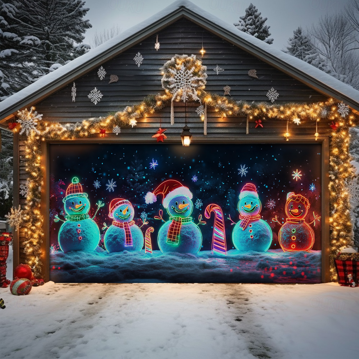 Shineful Garage Door Banner Decoration Snowy Night Snowmen