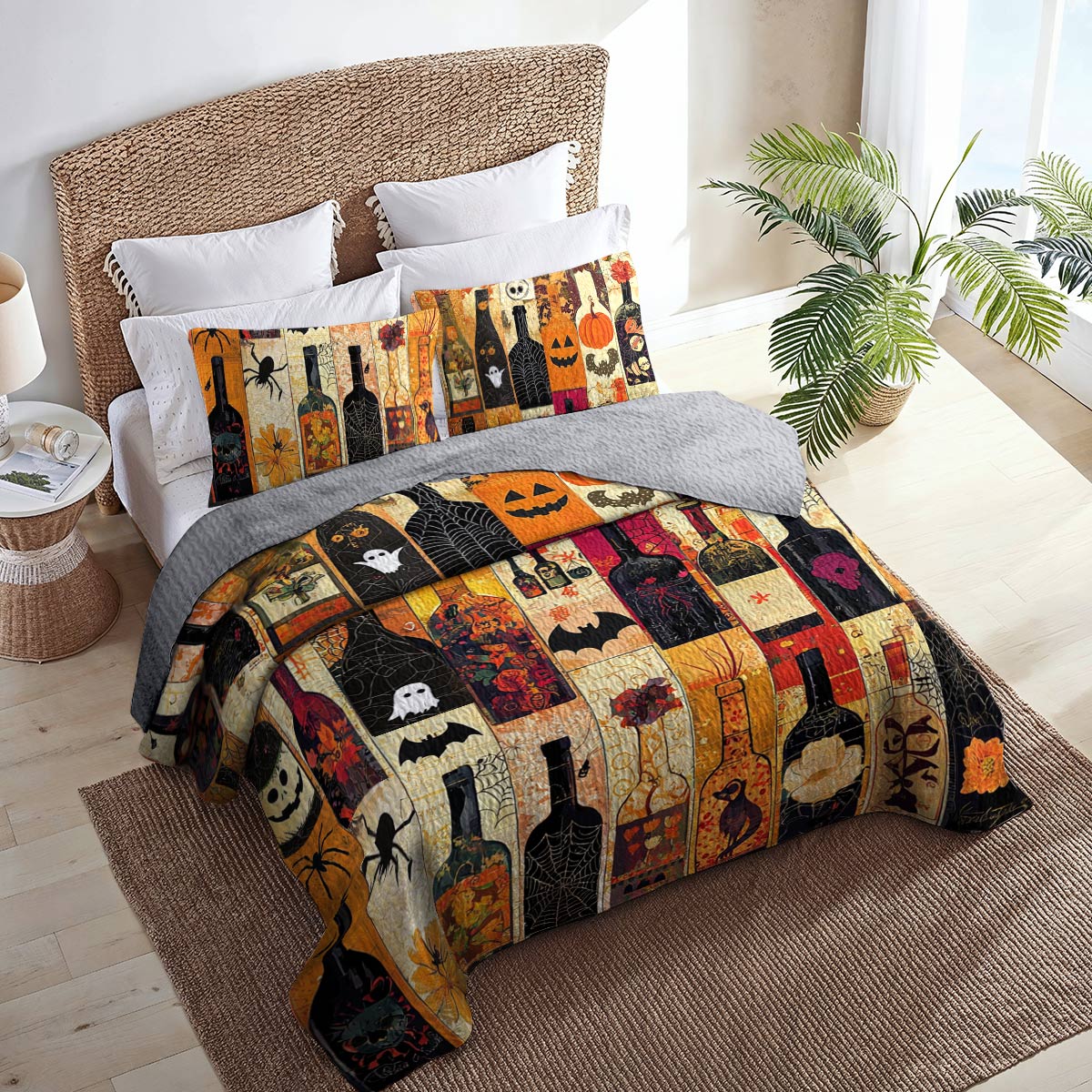Shineful All Season Quilt 3-Piece Set Halloween Dazzling Wine Bottles