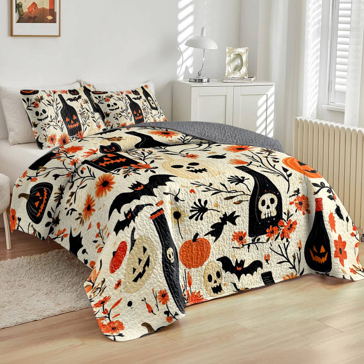 Shineful All Season Quilt 3-Piece Set Happy Halloween Wine Bottles
