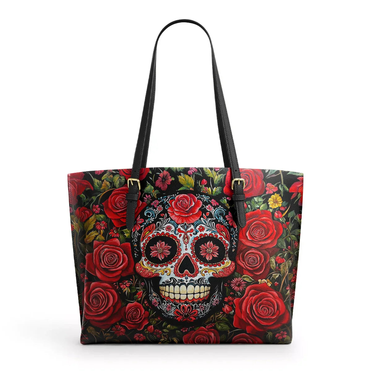 Shineful Leather Tote Bag - Roses & Sugar Skull Elegance