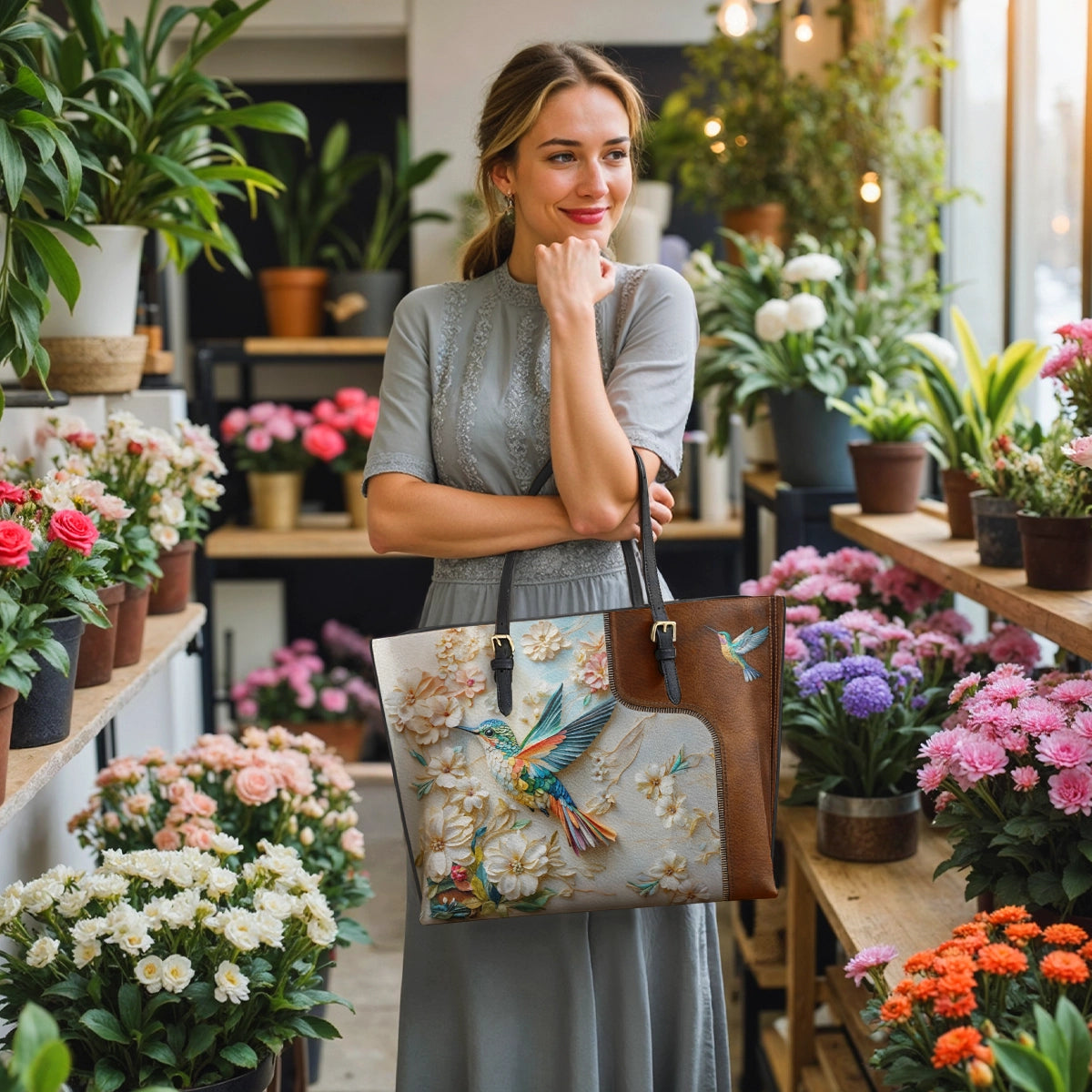 Shineful Leather Tote Bag Wings of Bloom