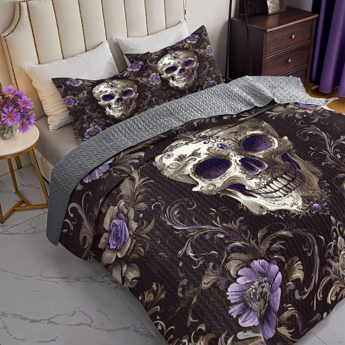 Shineful All Season Quilt 3-Piece Set - Gothic Jewel Skull