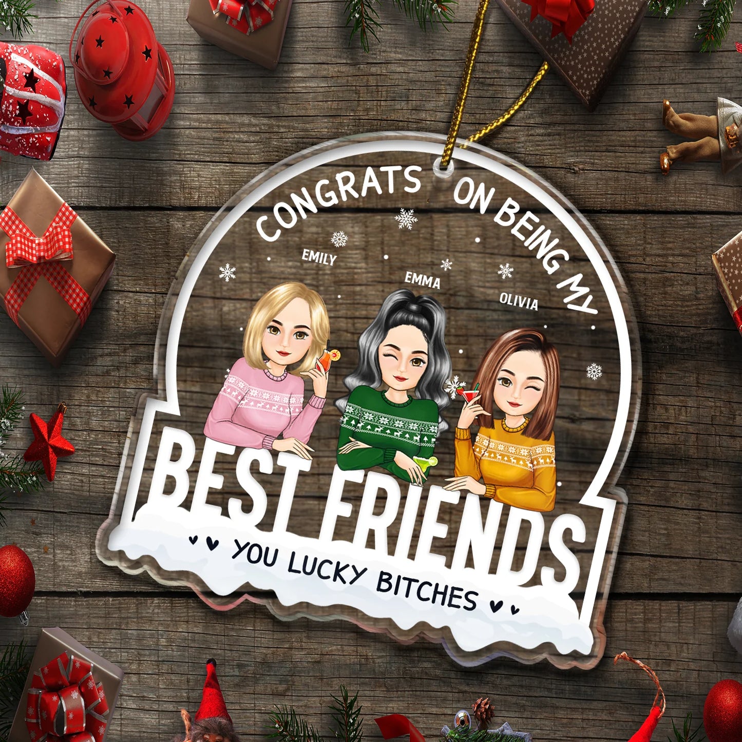 Shineful Christmas Congrats On Being My Besties Cartoon Drinking Personalized Ornament