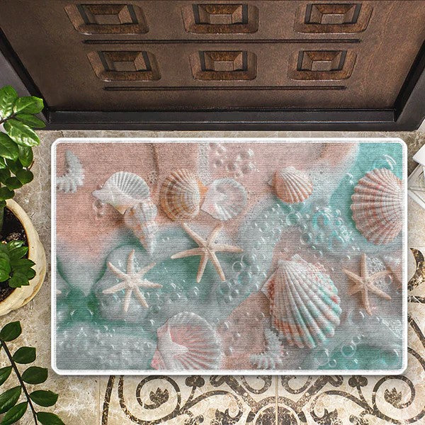 Shineful Ultra-Thin Non Skid Floor Mat, Kitchen Rugs Vibrant Seashell Beach
