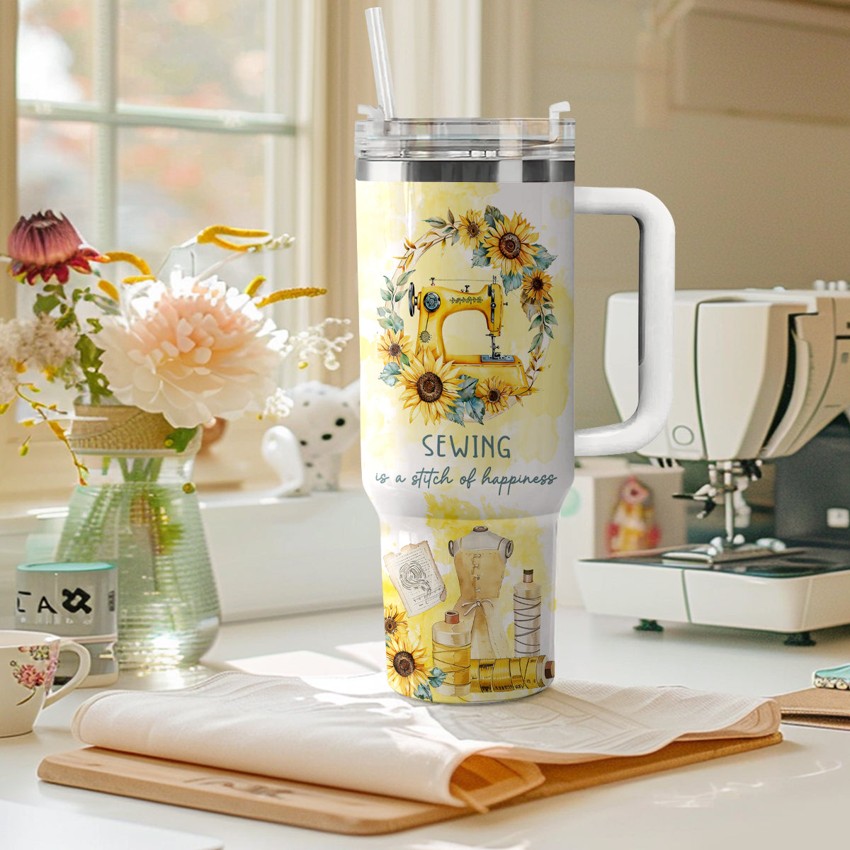 Shineful Tumbler Vintage Sunflower Sewing Machine Design