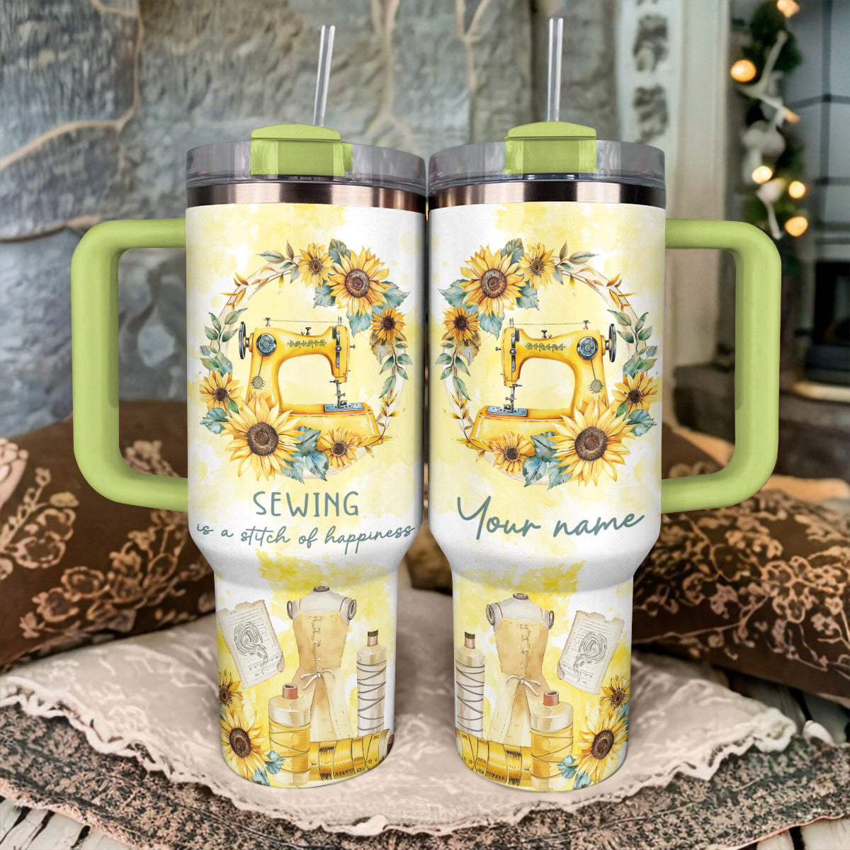 Shineful Tumbler Vintage Sunflower Sewing Machine Design