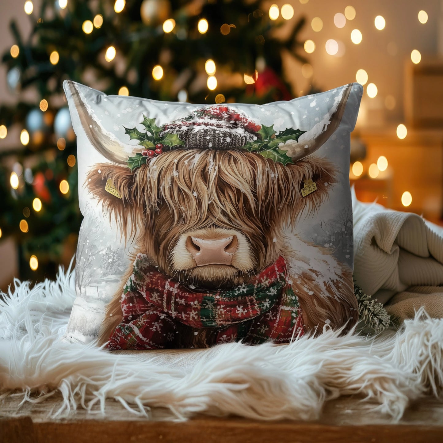 Shineful 2D Print Cushion Cover, Pillowcase, Pillows Covers - Cozy Highland Cow with Christmas Spirit