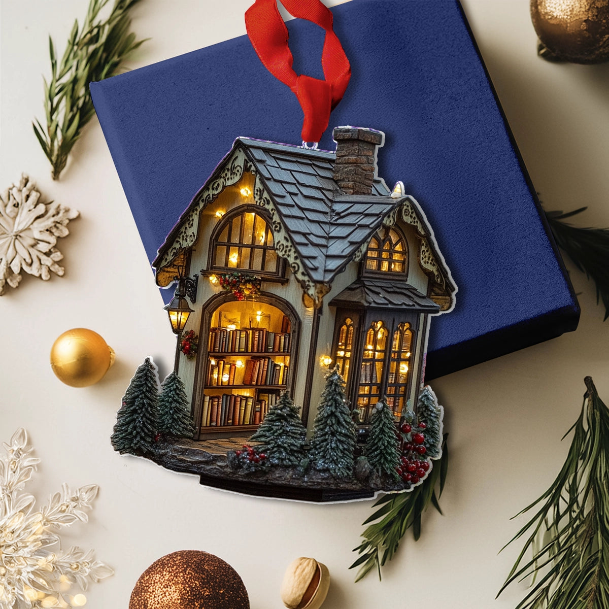 Shineful 2D Acrylic Ornament Cozy Library Cottage
