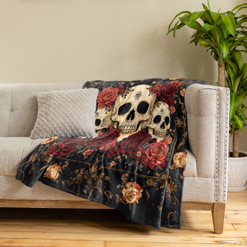 Shineful Fleece Blanket Gothic Night Rose Skulls