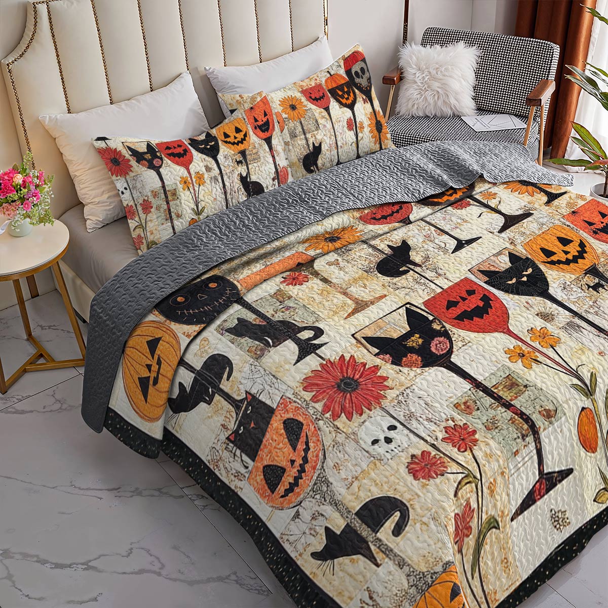 Shineful All Season Quilt 3-Piece Set Cute Halloween Wine Glasses