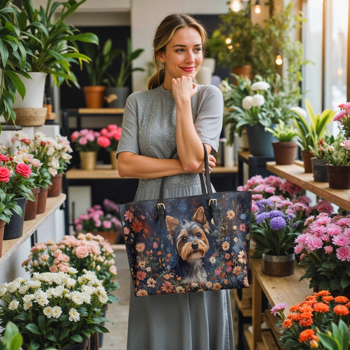 Shineful Leather Tote Bag Enchanted Yorkie Bloom