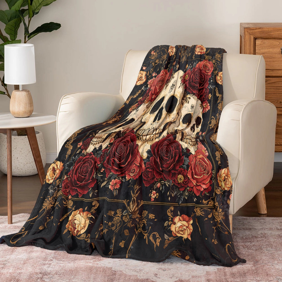 Shineful Fleece Blanket Gothic Night Rose Skulls