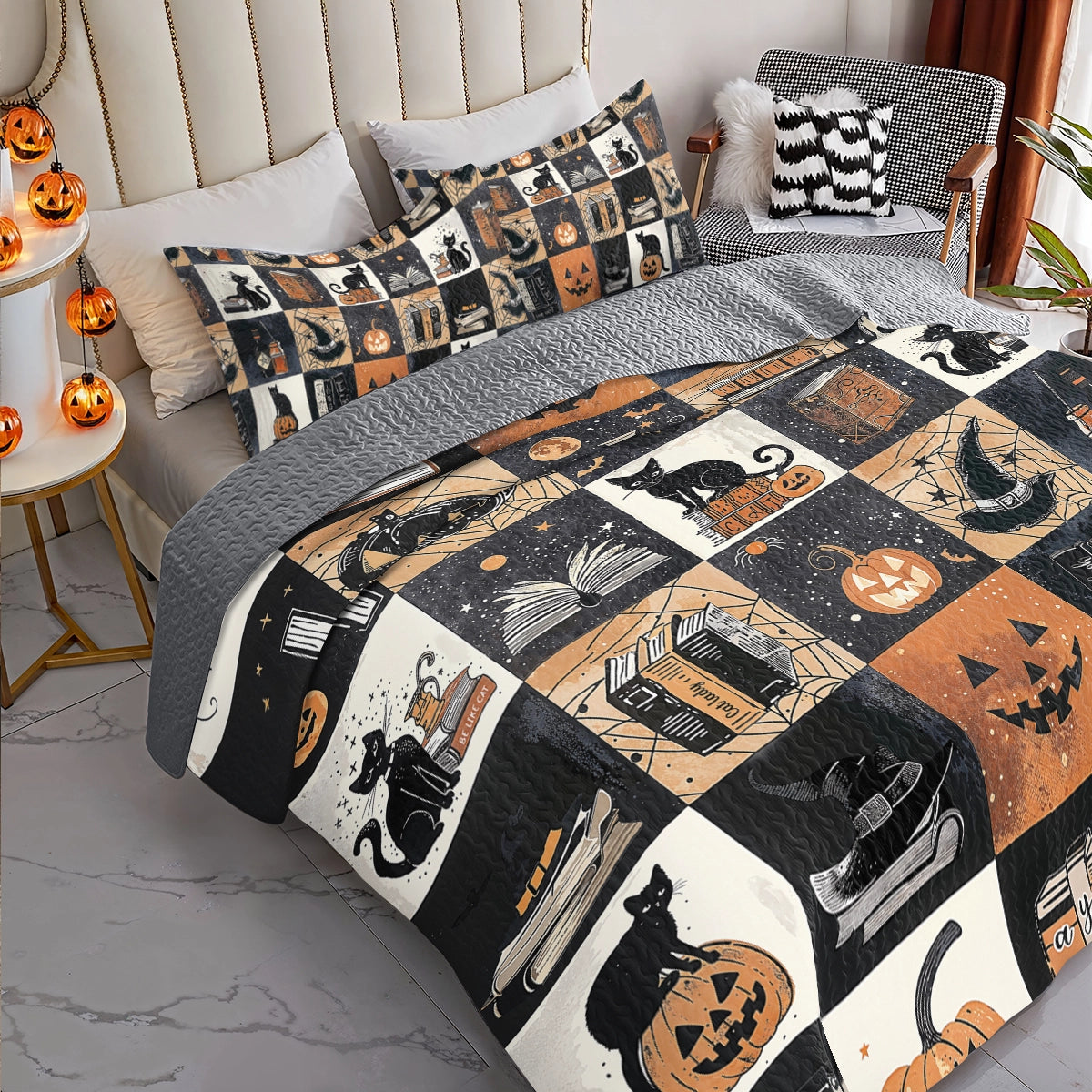 Shineful All Season Quilt 3-Piece Set Halloween Bookish Cat