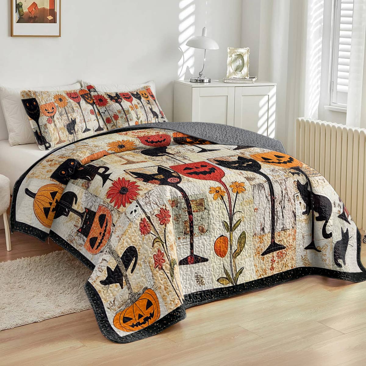 Shineful All Season Quilt 3-Piece Set Cute Halloween Wine Glasses