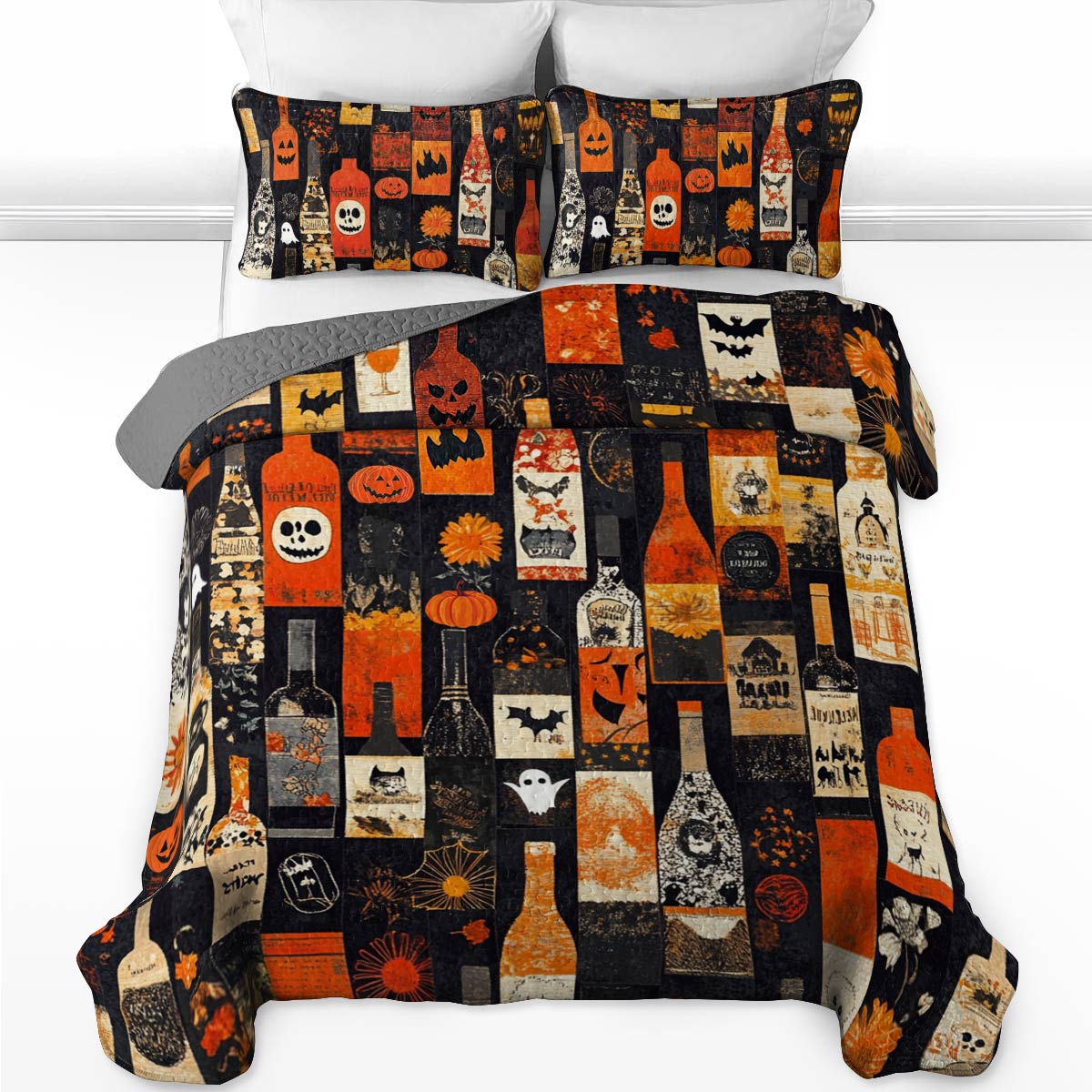 Shineful All Season Quilt 3-Piece Set Halloween Wine Bottles