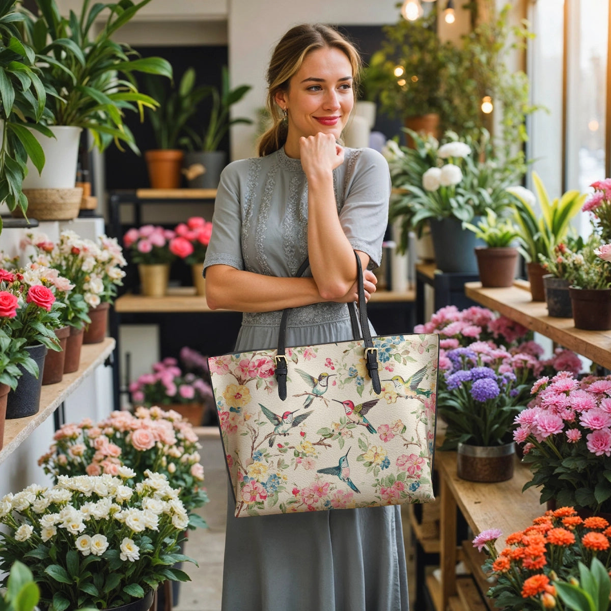 Shineful Leather Tote Bag - Hummingbird Symphony