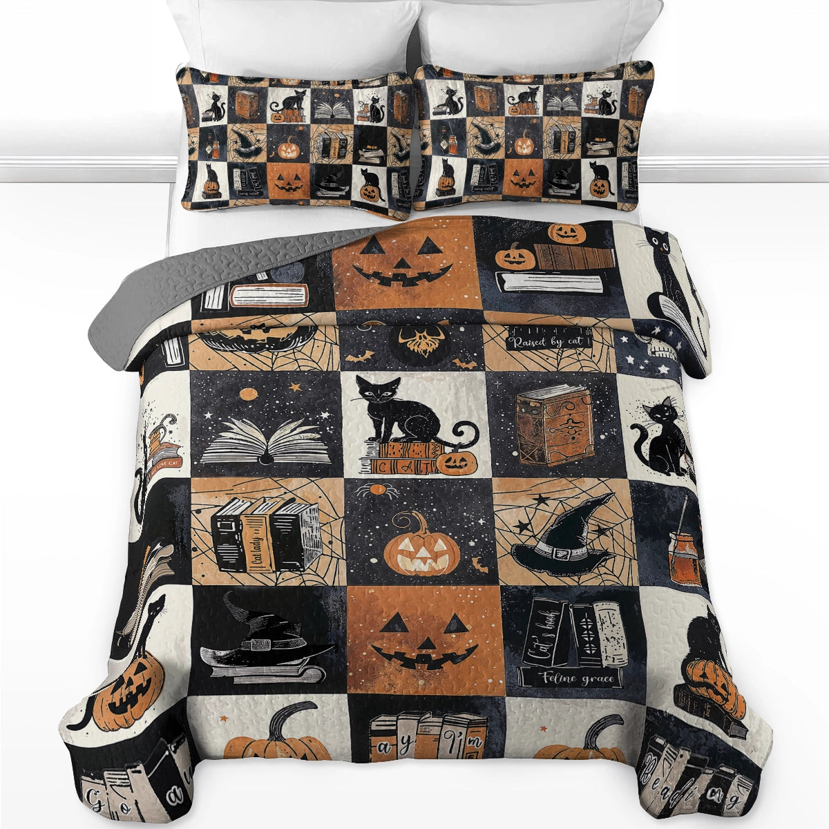 Shineful All Season Quilt 3-Piece Set Halloween Bookish Cat
