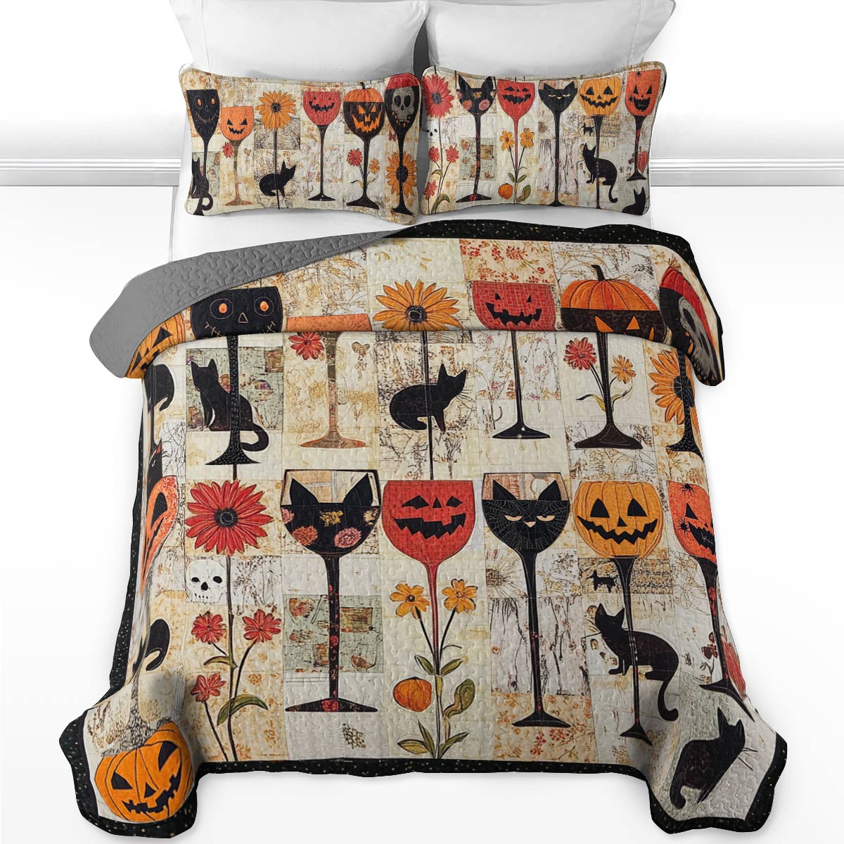 Shineful All Season Quilt 3-Piece Set Cute Halloween Wine Glasses