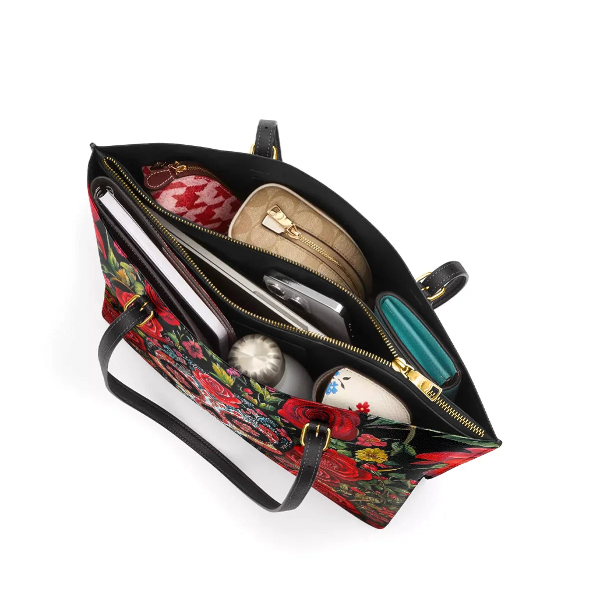 Shineful Leather Tote Bag - Roses & Sugar Skull Elegance