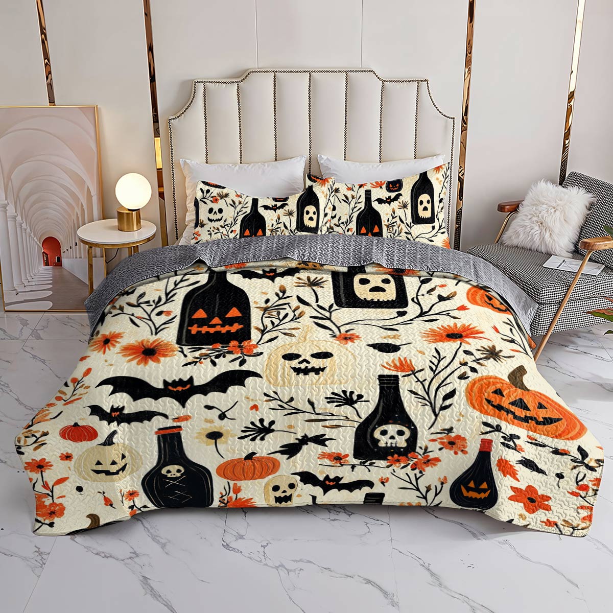 Shineful All Season Quilt 3-Piece Set Happy Halloween Wine Bottles