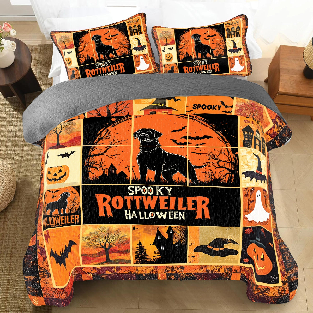 Shineful All Season Quilt 3-Piece Set - Spooky Rottweiler Halloween