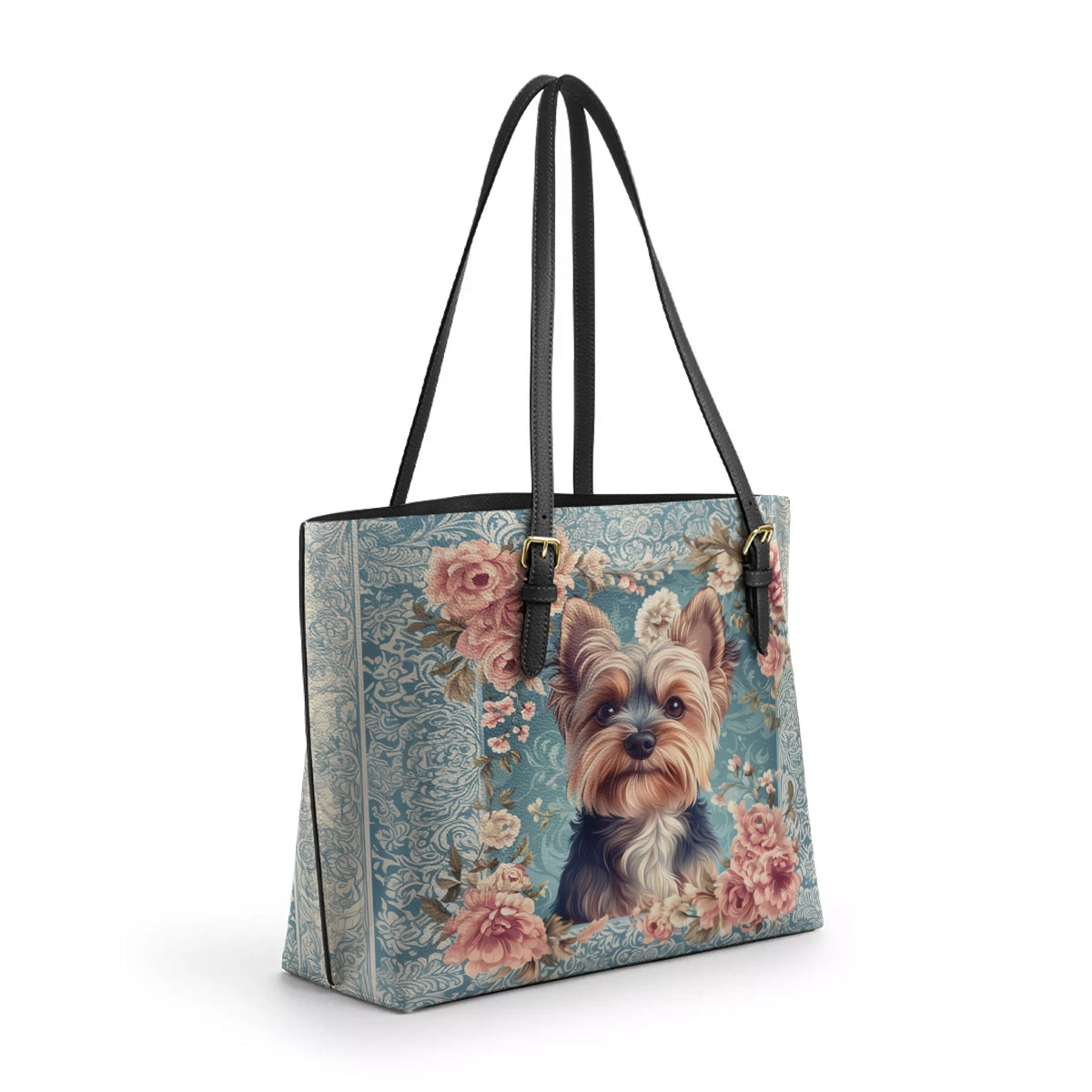 Shineful Leather Tote Bag Yorkie Rose Bloom Elegance