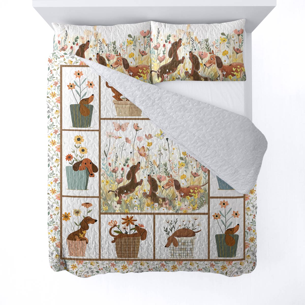 Shineful All Season Quilt 3-Piece Set Flowers Dachshunds