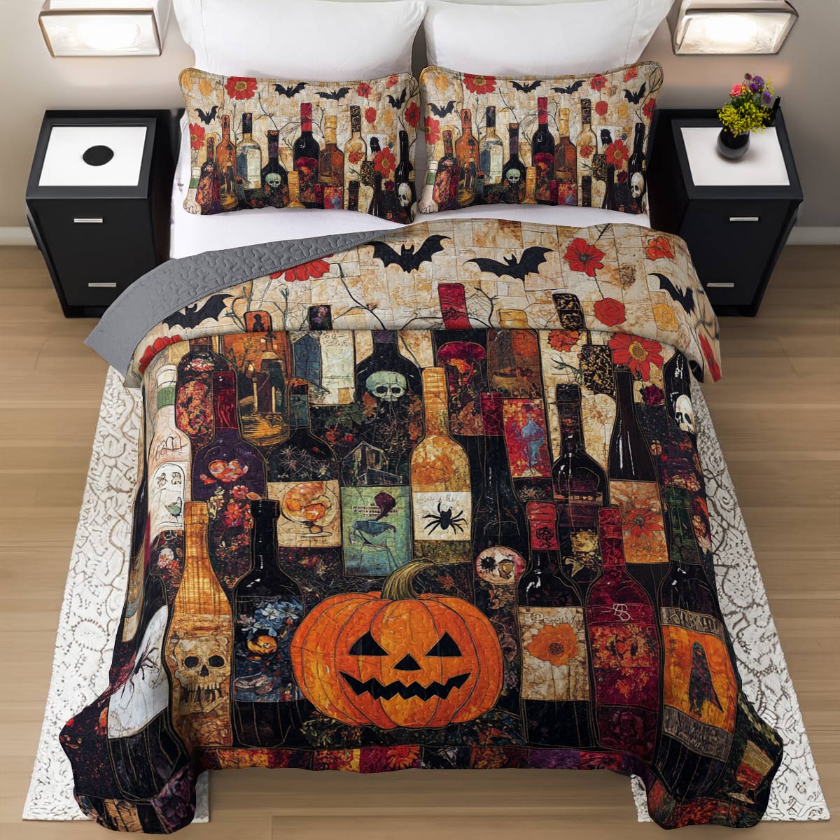 Shineful All Season Quilt 3-Piece Set Gorgeous Halloween Wine Bottles
