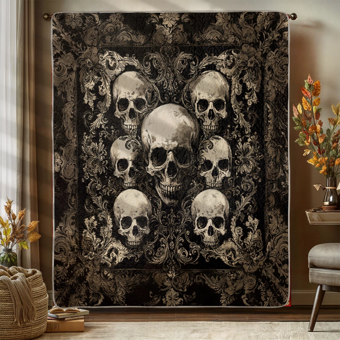 Shineful Flat Print Faux Quilt Blanket - Gothic Skull Majesty