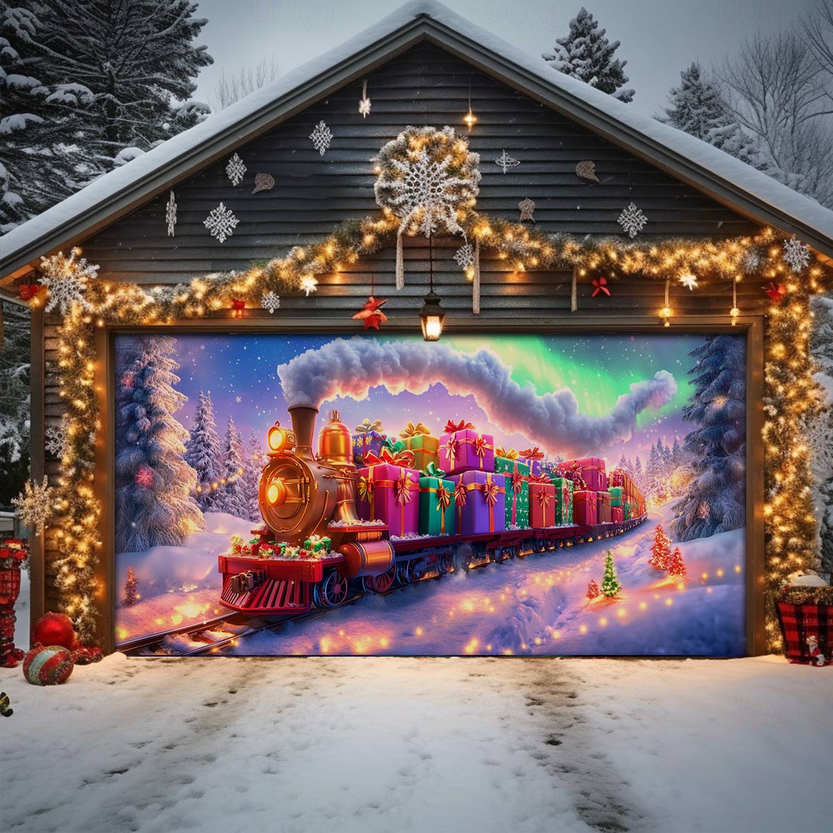 Shineful Garage Door Banner Decoration Festive Train Journey