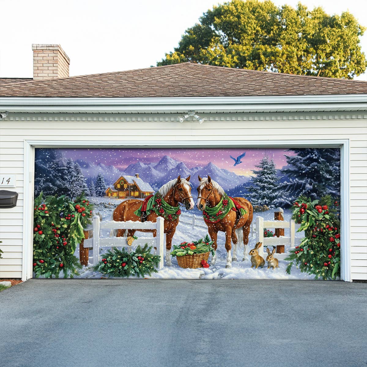 Shineful Garage Door Banner Decoration Festive Horses in Winter Wonderland