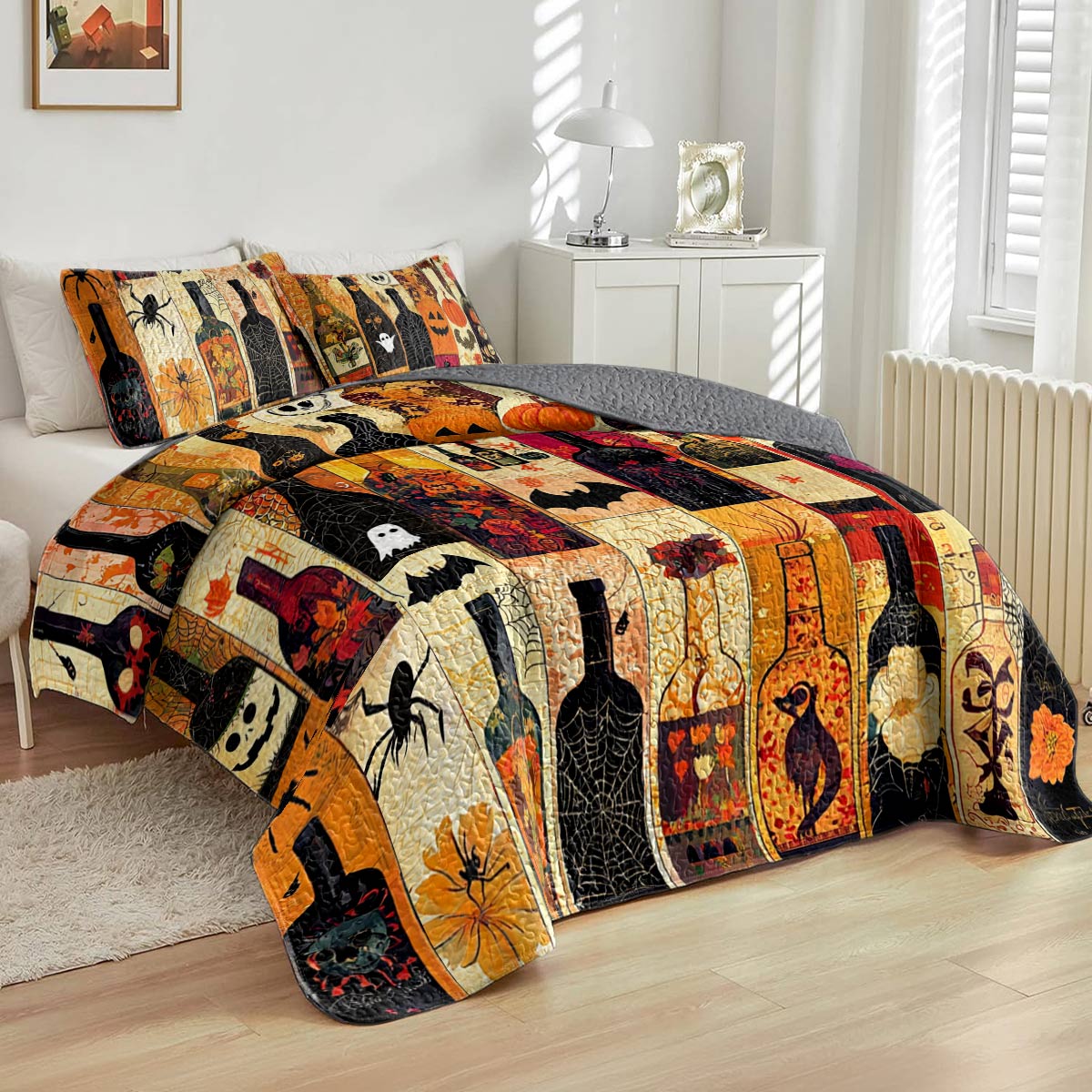 Shineful All Season Quilt 3-Piece Set Halloween Dazzling Wine Bottles