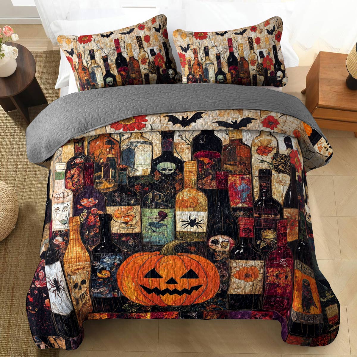 Shineful All Season Quilt 3-Piece Set Gorgeous Halloween Wine Bottles