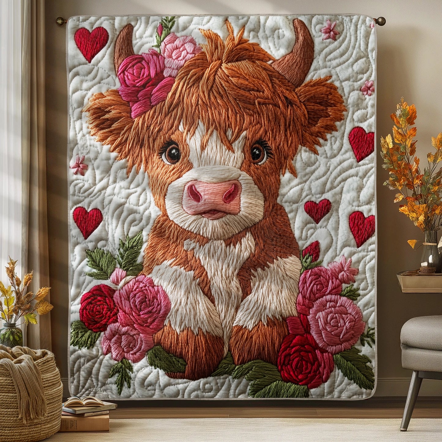 Shineful Flat Print Faux Quilt Blanket - Adorable Highland Cow with Floral Charm and Love Hearts
