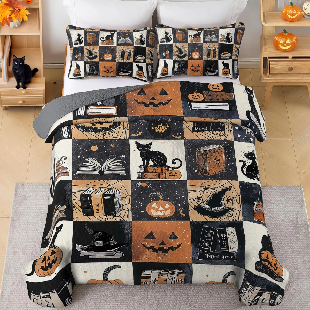 Shineful All Season Quilt 3-Piece Set Halloween Bookish Cat