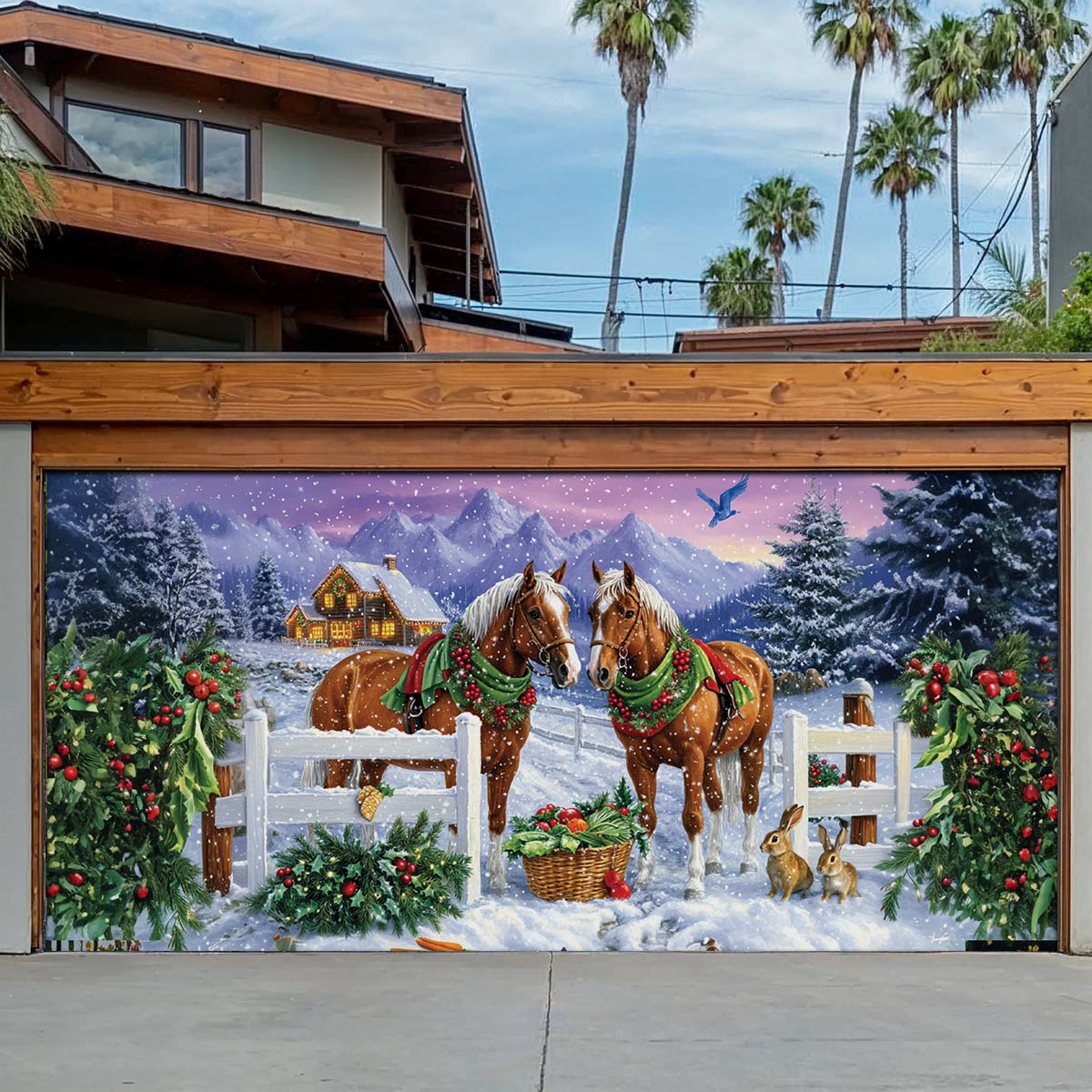 Shineful Garage Door Banner Decoration Festive Horses in Winter Wonderland