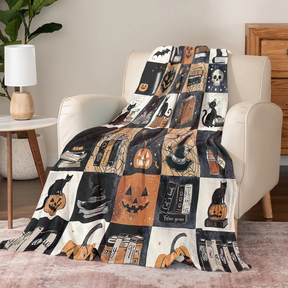 Shineful Fleece Blanket Halloween Bookish Cat