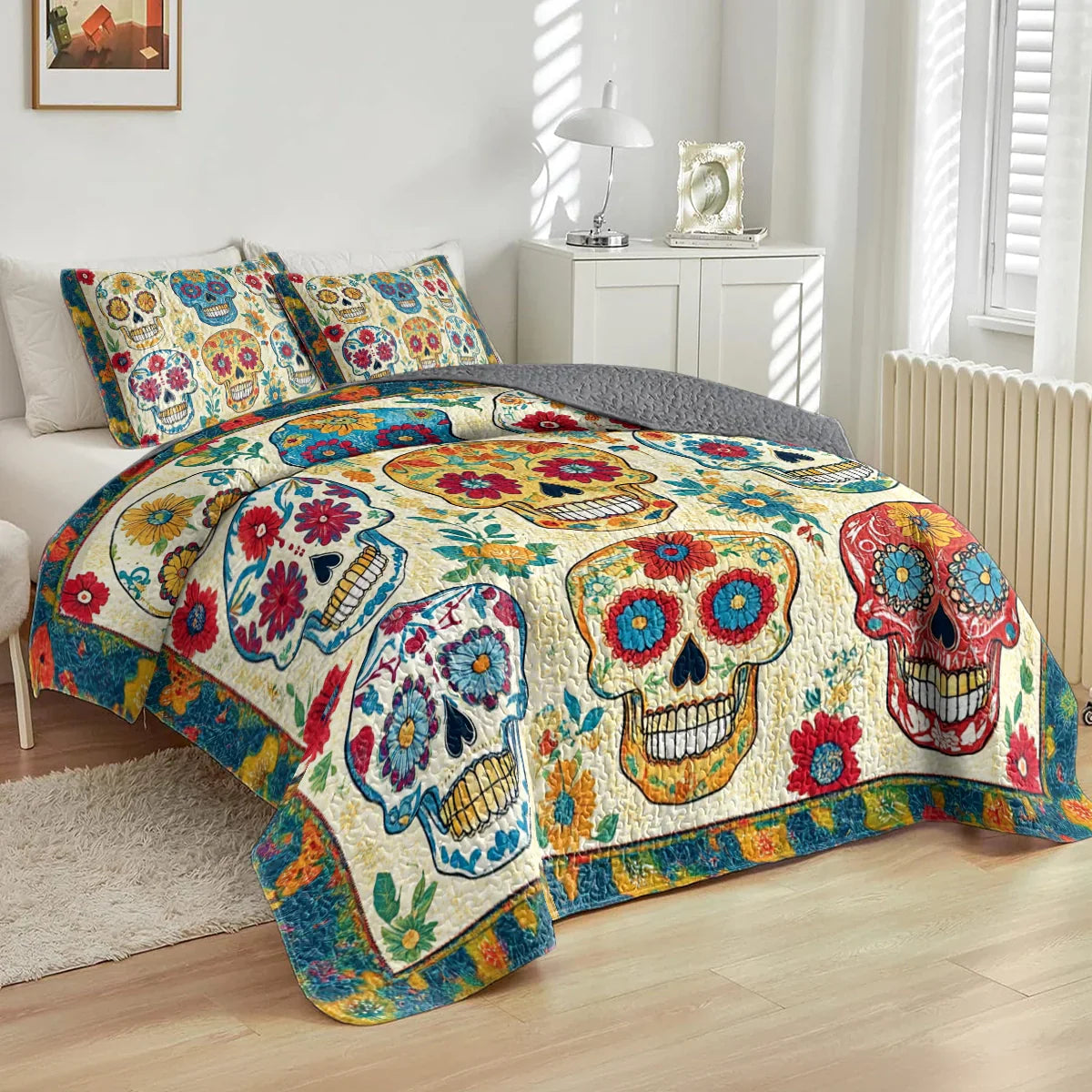 Shineful All Season Quilt 3-Piece Set Floral Skull Dreams Halloween