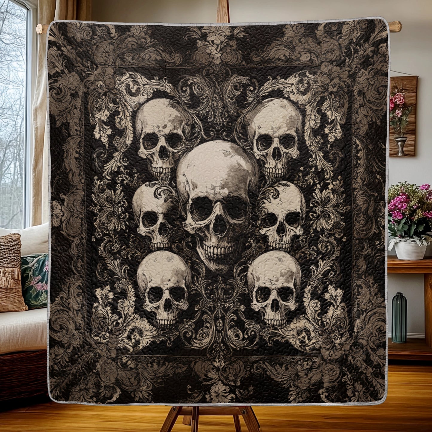 Shineful Flat Print Faux Quilt Blanket - Gothic Skull Majesty