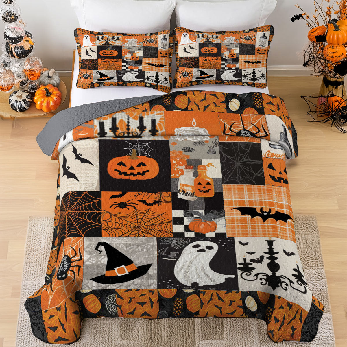 Shineful All Season Quilt 3-Piece Set Halloween Spooky Patchwork