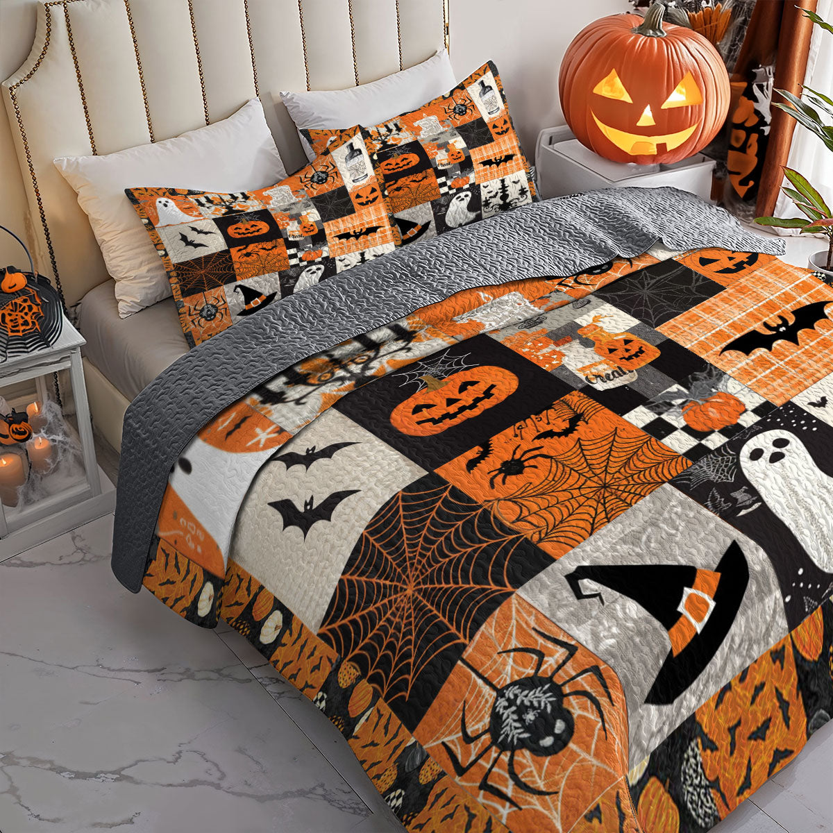 Shineful All Season Quilt 3-Piece Set Halloween Spooky Patchwork