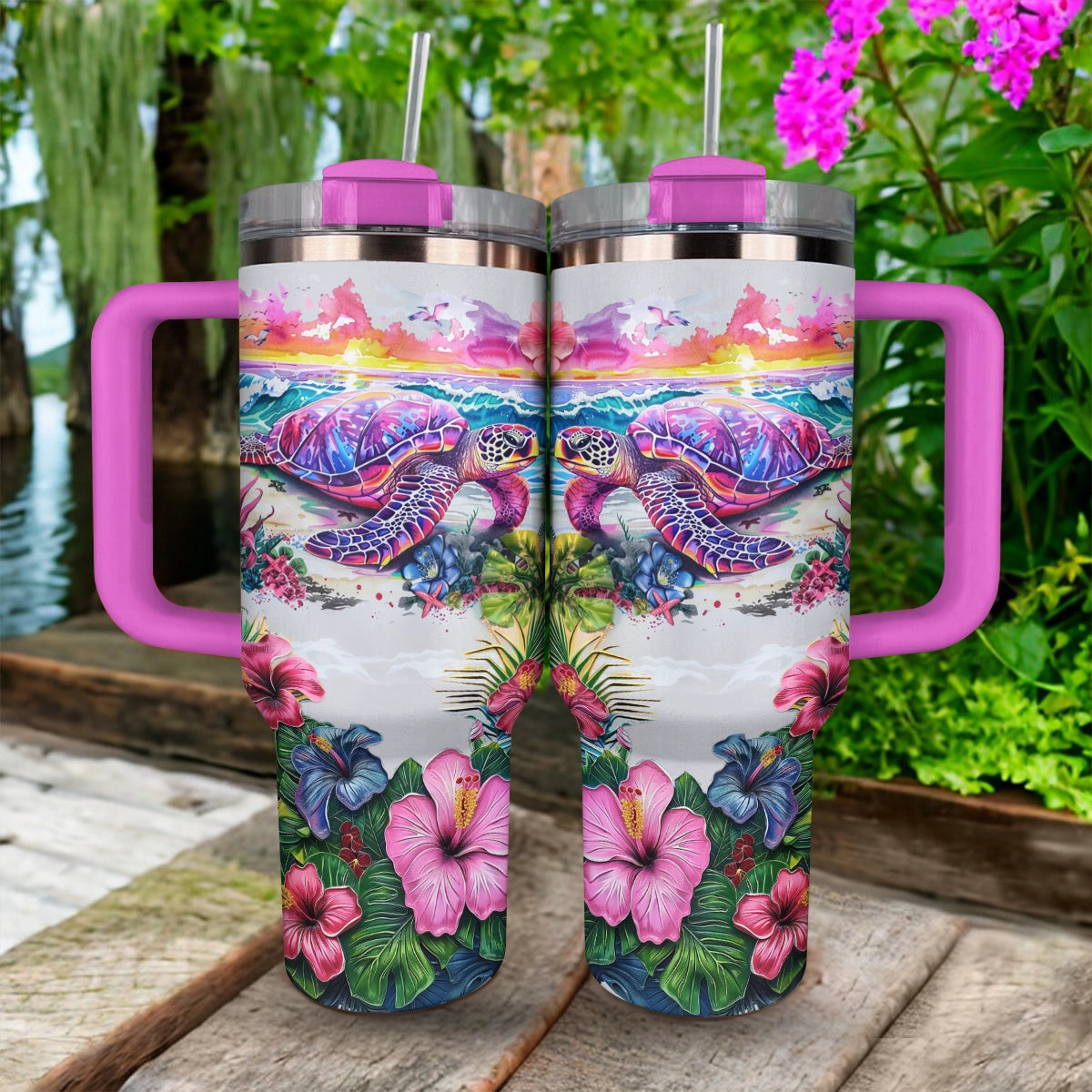 Shineful Tumbler Sunset Hibiscus Sanctuary Turtle
