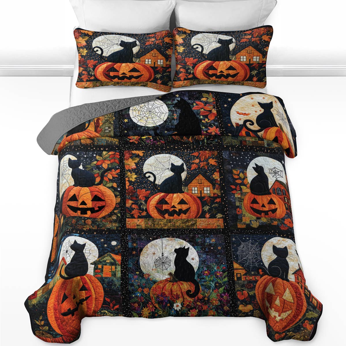 Shineful All Season Quilt 3-Piece Set Black Cat Pumpkins Fall Love Peace
