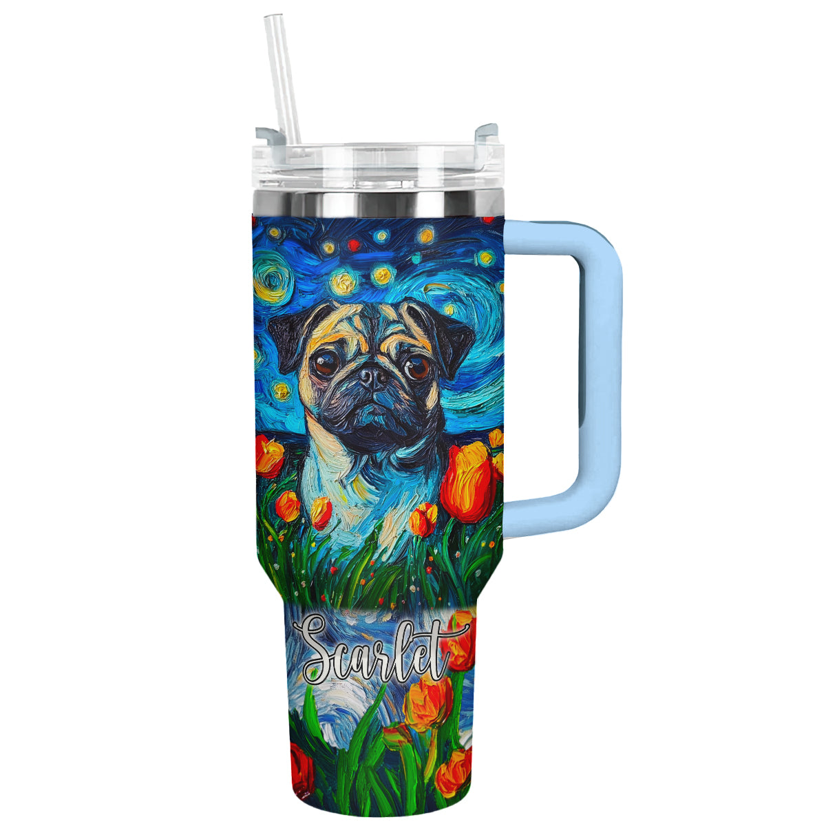Shineful Tumbler Personalized Pug Starry Night In Tulip Field