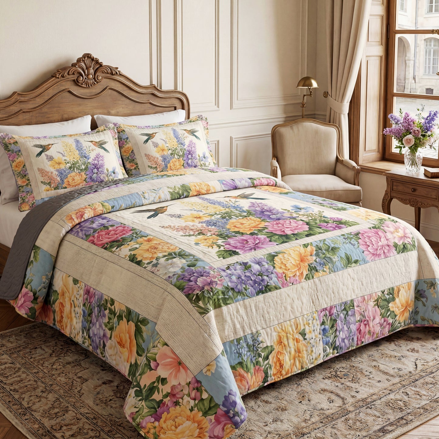 Shineful All Season Quilt 3-Piece Set Vintage Meadow Hummingbird