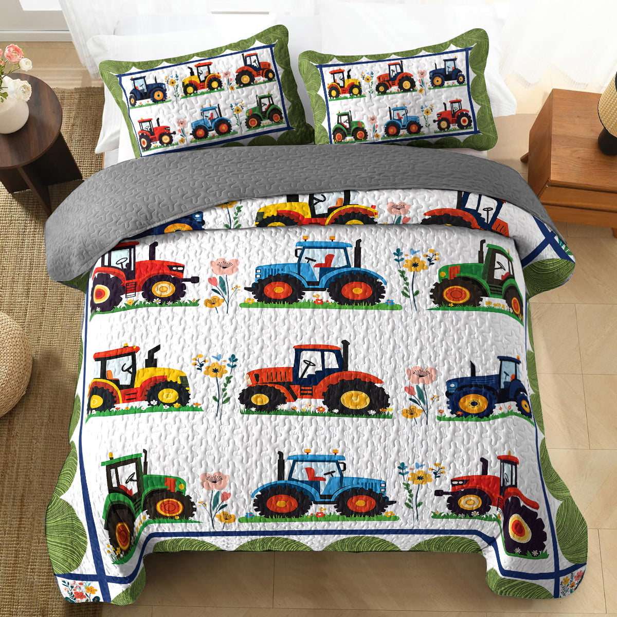 Shineful All Season Quilt 3-Piece Set - Tractors On The Floral Farm